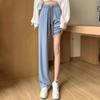 Calça de Seda Gelo Slimming Plus Size 100kg Perna Estreita Wide-Leg para Mulheres Verão Fina Xadrez Cintura Alta Drapeada Casual