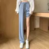 Calça de seda gelada xadrez de verão fina cintura alta modeladora petite casual com caimento solto casual secagem rápida perna larga para mulheres