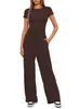 2024 Europa e América Amazon Novo Conjunto Casual de Cor Sólida Top de Manga Curta Plissado Calça de Cintura Alta Wide Leg Roupa Esportiva