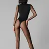 Verano Transfronterizo Nuevo Estilo Europeo y Americano Malla Empalmada Sexy Chica Caliente Color Sólido Ropa de Yoga Manga Larga Ajustado Mono Venta al Por Mayor