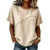 2026 Verano Transfronterizo Europeo y Americano Amazon Nuevo Estilo Cuello Redondo Casual Panel de Borde Crudo Holgado Top de Manga Corta de Algodón y Lino para Mujer