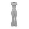 Primavera/Verano 2026 Nuevo Estilo Europeo y Americano Pantalones Acampanados Transfronterizos Crop Top de Cintura Alta Manga Corta Ropa Deportiva Multiusos Traje Casual para Mujer