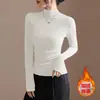 Cuello semialto forrado de polar, hombro normal, corte ajustado, diseño plisado, para mujer otoño e invierno, rejuvenecedor, entallado a la cintura, top térmico