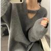 Otoño e Invierno Nuevo Estilo Coreano Sentido del Diseño Calado Cuello en V Suéter Jersey para Mujer Holgado Perezoso Interior Camiseta Base de Punto
