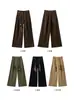 Calça de terno feminina verde militar estilo old money, novo modelo primavera 2026, cintura alta com cordão de amarração, calça larga casual estilo americano