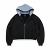 Sudadera con capucha corta de cremallera en bloques de color a cuadros negros y azules, estilo chica picante Y2K, con corte holgado