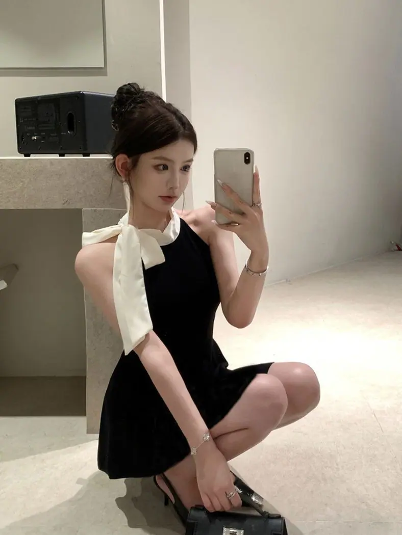 商品详情图_法式黑色无袖连衣裙女夏季新款超仙气质蝴蝶结显瘦短