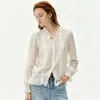 SEM RESTRICÇÃO Camisa Feminina com Gola V de Babados Franceses, Manga Três Quartos, para o Trabalho, Levemente Transparente, Pregas de Franzido, Blusa com Cordão
