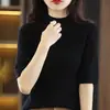 Camisa básica de tricô da moda, versátil para primavera e outono, novo top justo de cinco mangas, gola alta solta, estilo feminino de manga média