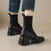 2026 Nuevo Estilo Tejido Elástico Empalmado Calcetines Botas Británicas Otoño e Invierno Botas Cortas Ajustadas Botas de Tacón Medio Grueso Botas Profesionales Botas de Exportación