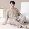Pijama de Talla Grande para Hombre Primavera y Otoño Algodón Puro Casual Holgado Cuello de Solapa Manga Larga Adolescentes Pueden Usar Ropa de Casa para Salir Conjunto