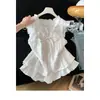 Blusa Floral Azul con Volantes de Manga Corta para Mujer, Fresca y Dulce de Verano, Rejuvenecedora, Falso Dos Piezas, Top que Cubre el Vientre
