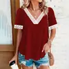 Venda Quente Transfronteiriça Estilo Europeu e Americano Camiseta Feminina de Malha com Renda Splicing Manga Curta Decote V Recorte Atacado de Fabricantes Femininos