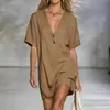 2026 Nuevo Vestido de Verano Holgado de Algodón y Lino con Mangas Cortas y Cuello en V, Moda Femenina Estilo Europeo y Americano Transfronterizo