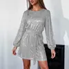 Vestido de Fiesta Nuevo de Primavera Versátil con Lentejuelas y Brillo, Cuello Diagonal y Estampado Dorado en Estilo Europeo y Americano para Mujer