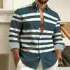 Camisa de Manga Larga a Rayas de Bloques de Color para Hombre Parche de Rayas Azul Marino Blanco Cardigan con Solapa Camisa Casual Primavera Otoño