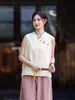 26 Novo Colete de Verão em Algodão e Linho Color-Blocking Sem Mangas com Gola Abotoada, Elegante Blusa de Gola Alta, Top Versátil Artístico Estilo Chinês para Mulheres