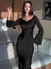 Vestido de Cintura Estilo Nacional Holgado para Mujer Primavera y Verano 2025 Color Sólido Cuello Redondo Manga Larga