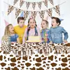 Nuevo Set de Fiesta Temática Vaca de Granja de Dibujos Animados Rancho Platos de Papel Blanco y Negro Mantel Banderín Banderas Artículos para Fiesta