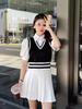 Suéter Camisa Corto de Punto Estilo Hong Kong para Mujer Verano Estilo Transfronterizo Nuevo Falso Dos Piezas Cuello Hombro Derecho Manga Corta