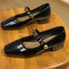 Sapatos Mary Jane Versáteis de Couro com Bico Quadrado e Salto Médio 2026 Novo Estilo de Outono com Salto Bloco, Tira de Velcro e Abertura Baixa para Mulheres