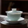 Xícara de Chá Gaiwan Três Talentos Verde Sombra de Argila de Jade, Peça Única para Uso Doméstico, Conjunto de Chá Kung Fu, Tigela de Chá de Parede Fina Antiescaldante com Tampa, Celadon