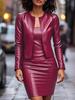 Ropa de Mujer de Dos Piezas Moda Profesional Europea y Americana Transfronteriza Nueva Falda de Cadera con Tirantes de Cuero PU Cardigan de Manga Larga con Cuello Redondo