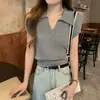 Camisa POLO Retrô Francesa Clássica de Tricô Canelado com Lapela Primavera Verão Versátil Temperamento Manga Curta Casual Top para o Dia a Dia