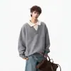 Suéter Falso de Dos Piezas Estilo Old Money para Hombre Otoño/Invierno Marca de Tendencia Engrosado Cálido Cuello Chal Tejido Grueso Camisa de Pareja Chaqueta