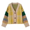 Nuevo suéter retro de punto oversized estilo Hong Kong para otoño e invierno, prenda exterior para mujer, cárdigan de punto a rayas de bloques de color
