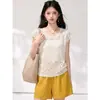 Top de crochê vazado estilo férias para mulheres, nova blusa versátil de verão estilo francês, justo, com mangas sino