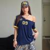 Aliexpress Transfronterizo Verano Nuevo Ropa de Mujer Moda Retro Americana Estampado Digital Casual Holgado Fuera del Hombro Camiseta