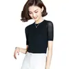 Jersey de manga corta de malla de color liso para mujer, cuello redondo, estilo coreano, ajustado, básico, para verano