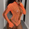 Bikini Naranja Lencería Sexy Tentación Sexy Jacquard Calado Ajustado Manga Larga Cuello Alto Mameluco de Red W684