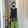 Nuevo conjunto de dos piezas para mujer: camiseta sin mangas de malla con retazos estilo chino y pantalones de pierna ancha de cintura alta, atuendo elegante y versátil para el verano