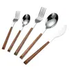 Conjunto de Talheres de Aço Inoxidável com Garfo, Faca e Colher, Cabo Imitando Madeira, Doméstico de Alto Valor, Faca e Garfo para Steak Retro, Colher de Sobremesa, Garfo de Frutas