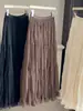Saia de Cor Sólida com Recortes em Renda para Mulheres, Estilo Coreano para Primavera e Outono, Elegante e Versátil, Saia Longa Evasê Emagrecedora com Pregas