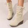 Zapatos Casuales Cómodos para Mujer con Lazo, Tacón de Cuña y Cremalleras Laterales, Botas de Montura Estilo Bohemio Occidental, Botas de Media Pantorrilla