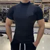 Camiseta de Manga Corta para Hombre, Transpirable, Elástica, de Secado Rápido, para Deporte, Fitness, Verano, con Cuello Medio Alto, Camiseta Base para Correr y Entrenamiento