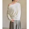 Top de Malha Preguiçoso com Mangas Longas, Gola Uma Linha, Ombros Caídos e Design de Costura Torcida para Mulheres