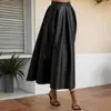 Saia Midi de Barra Larga Estilo Europeu e Americano Feminina Nova para Primavera e Outono Cintura Alta para o Trabalho Design em Couro PU Versátil Saia Evasê