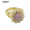 MPR082 exquisito y generoso gema natural amatista forma de gota borde de perla artificial chapado en oro de 18 quilates anillo de fiesta