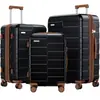 Set de tres piezas de carcasa dura negra transfronterizo con impresión de logotipo, ruedas universales, maleta de trolley para estudiantes/viajes de negocios