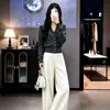 Conjunto de Cardigã de Tricô Levemente Maduro com Calça Wide Leg para Mulheres Outono Petite Emagrecimento Roupa para o Trabalho Temperamento Fashion Outono Inverno
