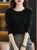 Moda Femenina de Verano Nuevo Estilo Coreano y Japonés Diseño de Color Sólido Cuello Redondo Algodón Puro Manga Corta Rebeca de Punto Elegante Top Básico