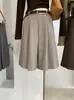 KEKEZOON Falda plisada de lana con cinturón para mujer, invierno, cintura alta, adelgazante, versátil, línea A, midi, moderna 9275