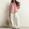 Conjunto de Camisa de Algodão e Linho com Mangas Bufantes + Calça Pantalona Estilo Outono Europeu e Americano Amazon 2026 Novo Estilo Outono Inicial