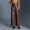 Calça de couro PU larga, moderna e estilosa, para mulheres, novo modelo outono 2026, cintura alta, corte solto, emagrece, versátil, adequada para o trabalho e uso casual
