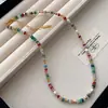 Collar de perla de agua dulce natural en forma de arroz para mujer, gargantilla de cuentas de piedra de colores arcoíris para dopamina, pulsera en capas de moda