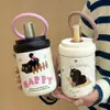 ¡Guau! Taza Térmica de Acero Inoxidable 316 con Tema de Gato, Taza Portátil para Café y Leche con Popote